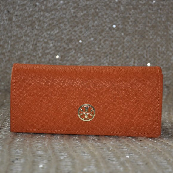 TORY BURCH Orange Sun Glasses Case Gold Tone Logo - Picture 1 of 7